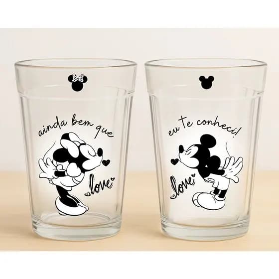 Jogo 2 Copos Americanos Estampa Mickey Minnie Love Metadinha Personalizado 190ml Vidro Alto Relevo