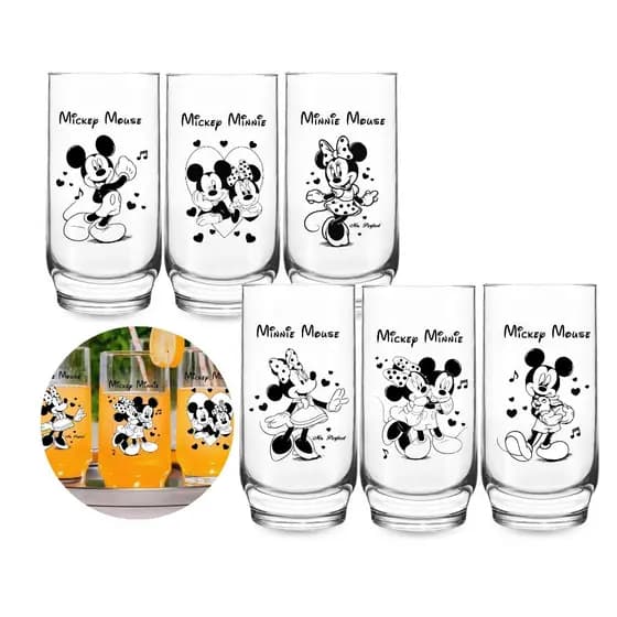 Jogo 6 Copos Personalizados Estampa Mickey e Minnie 300ml Vidro Estampa Alto Relevo Preto Branco