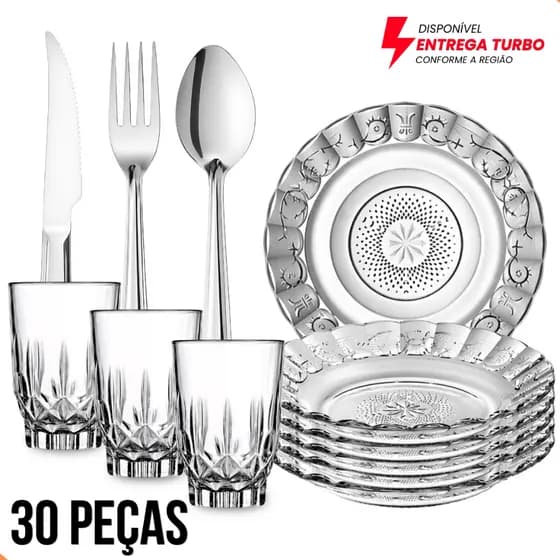 Jogo de Aparelho de Jantar 30 Peças Kit Completo 6 Pratos + 6 Copos + 18 Talheres Inox
