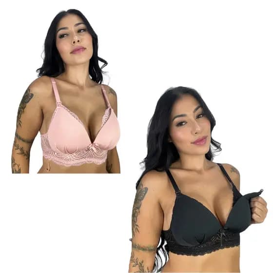 Kit 2 Sutiã Amamentação com Bojo Soft e Renda Gestante Maternidade e Pós Parto
