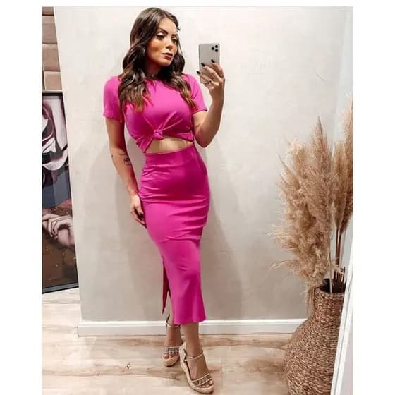 conjunto saia e croppet pink