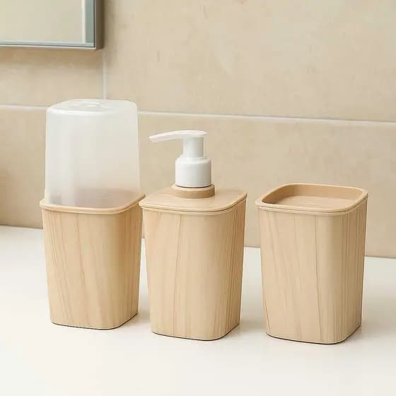 Kit 3 Pecas Lavabo Banheiro Porta Sabonete Liquido + Porta Cotonetes E Algodao + Porta Escova Dentes Linha Plasutil