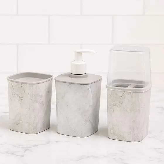 Kit 3 Pecas Lavabo Com Porta Sabonete Liquido 360 Ml Porta Cotonetes Algodao E Porta Escova Com Tampa E Divisoria