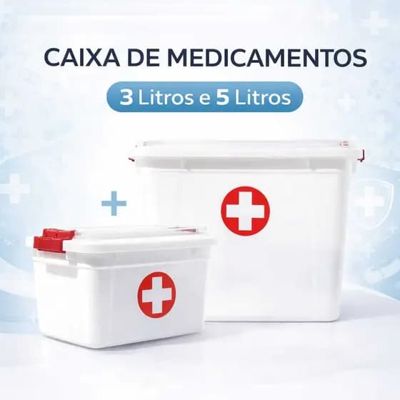 Kit 2 Caixas Medicamentos 5 Litros + 3 Litros Uninjet Tampa Segura Duas Travas Organizador Para Remedios Seguração
