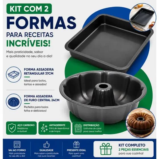 Kit 2 Pecas Assadeira Retangular Forma 37 Cm Bolos Aço Carbono + Forma Pudim Bolo Tortas Furo Central