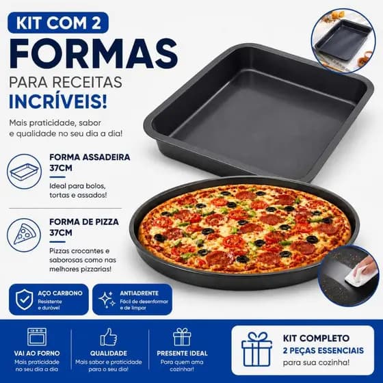 Kit 2 Pecas Assadeira Forma Retangular 37 Cm + Forma Assadeira Para Pizza Aço Carbono Não Gruda