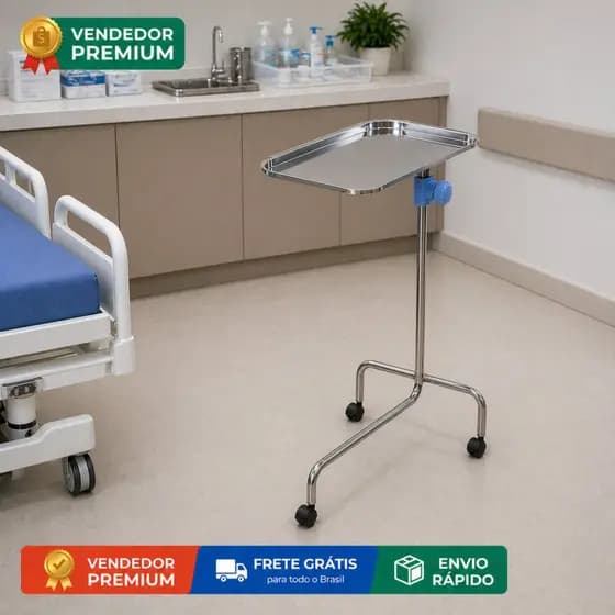Mesa Mayo Hospitalar Inox Ajustável com Rodízios Bandeja Clínica Dentista Veterinária Profissional