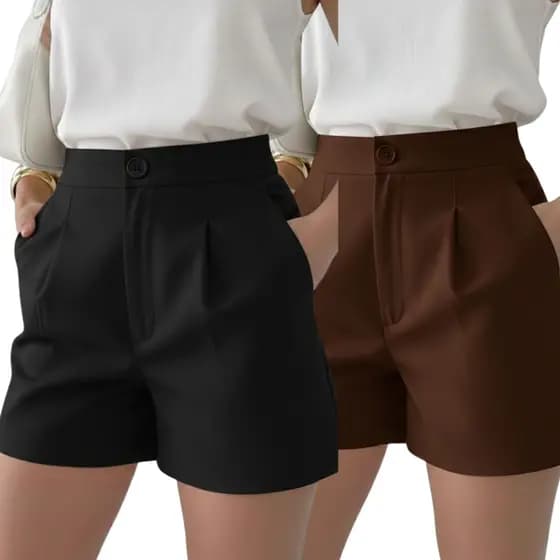 Kit 2 Short Básico Alfaiataria Feminino Social Com Bolso Cintura Alta Expiração Blogueira Premium