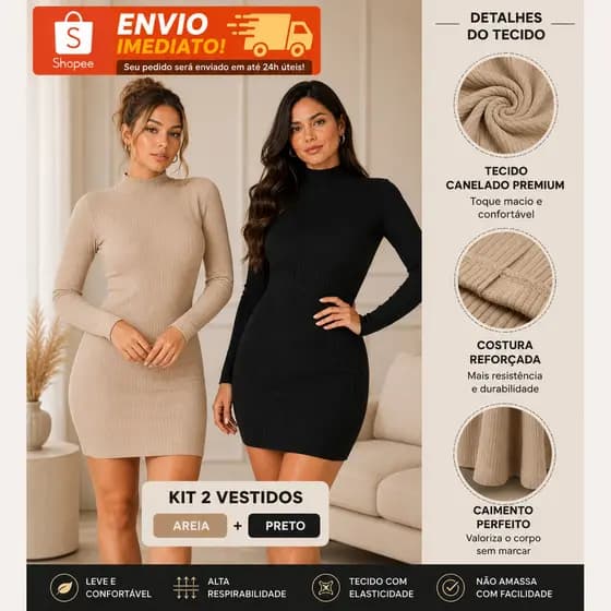 Kit 2 Vestido Canelado Gola Alta e Manga Longa Inverno Frio Elegante Premium