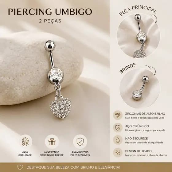 Piercing Umbigo Feminino + Brinde em Aço Cirúrgico 316L com Zircônia