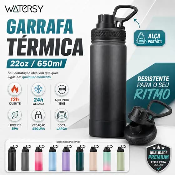 Watersy Garrafa Térmica 650ml Inox 304 24h Quente/Frio com Tampa e Alça para Esportes