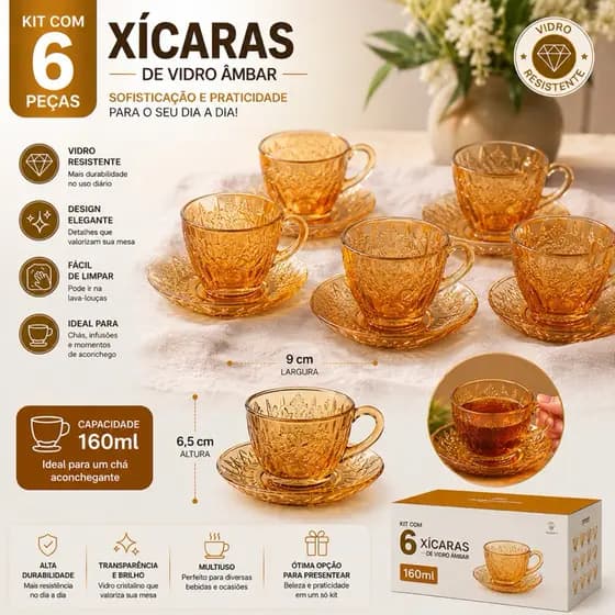 Kit 6 Xícaras Âmbar 160ml com 6 Pires | Xícara de Chá Café Vidro Decorado