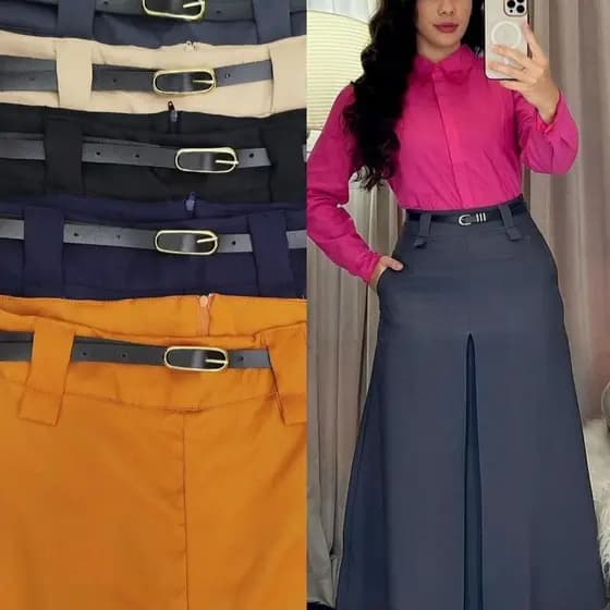 Saia Longa Alfaiataria Fit e Flare Moda Evangélica Tendência Feminino Com Cinto -0237