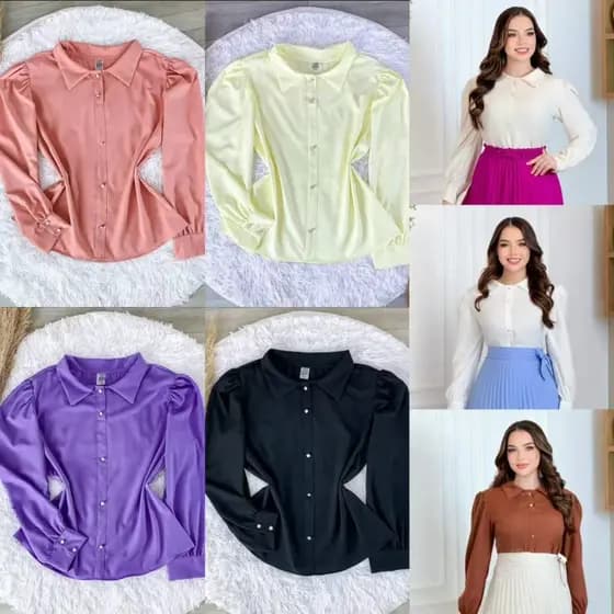 Camisa Feminina Plus Size G1 G2 G3 Elegance Manga Longa Bufante Premium