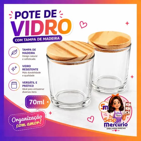 Kit Potes de Vidro 70ml com Tampa de Madeira Para Velas Artesanais Velas Aromaticas Lembrancinhas