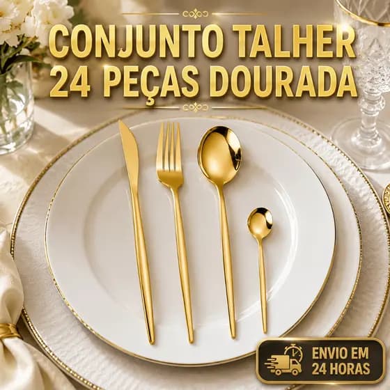 CONJUNTO TALHERES 24 PEÇAS KIT TALHER DOURADO AÇO INOX JOGO TALHERES MESA POSTA JANTAR ALMOÇO LUXO PREMIUM
