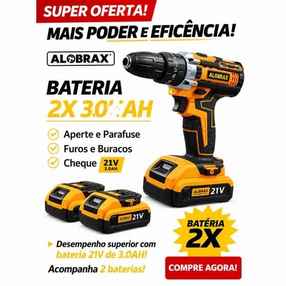 Furadeira parafusadeira 21v com 2 baterias elétrica portátil,alta performance, carregador bivolt