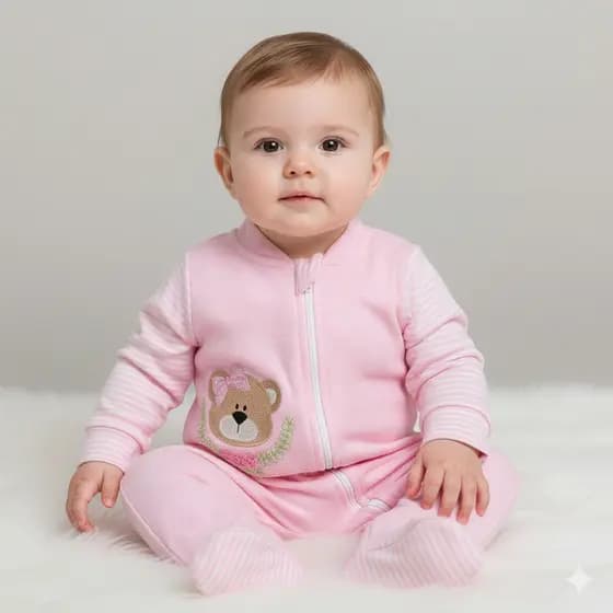 Macacão para Bebê Menina com Estampa Ursinha Zíper Prático e Malha Suedine 100% Algodão