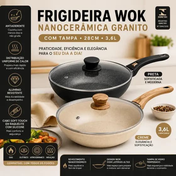 Panela Frigideira Nanocerâmica 28cm Tampa Vidro Indução Fogão Antiaderente Premium