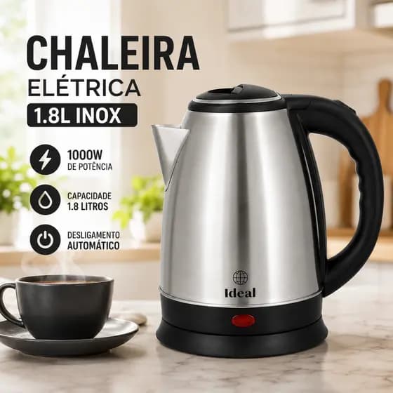 Chaleira Elétrica Inox 1,8L 1000W 127V Desligamento Automático Fervedor de Água Aço Inox Cozinha