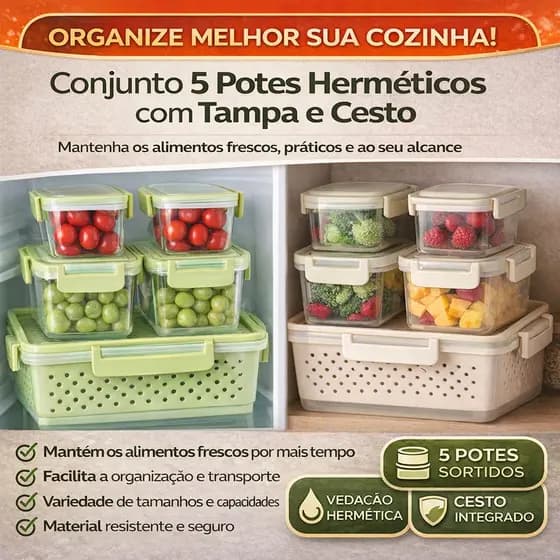 Conjunto 5 Potes Hermeticos Com Tampa Organizador Cozinha Plastico Sortido