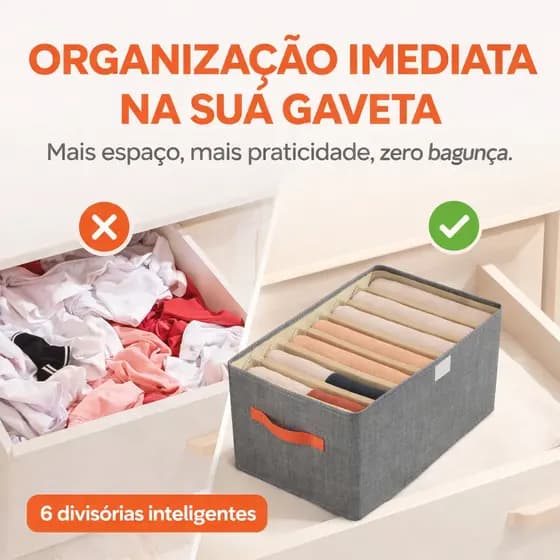 Caixa Organizadora Dobrável 6 Divisórias Cinza Para Gaveta Guarda Roupa Closet Anti Umidade