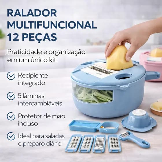 Ralador Fatiador Multifuncional 12 Peças Cortador De Legumes Verduras Com Recipiente