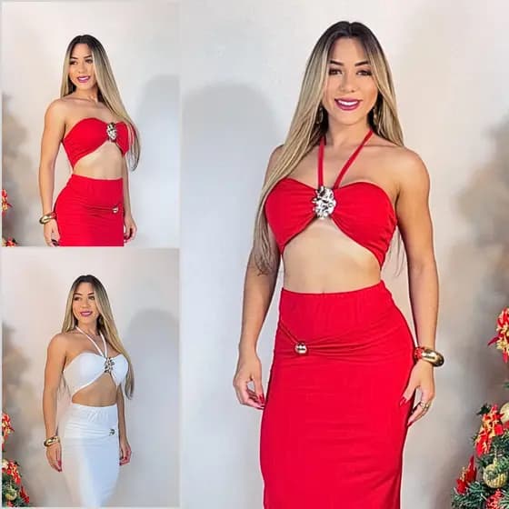Conjunto Feminino Saia Longa e Top Cropped Tomara que Caia com Detalhe de Fivelas Dourada