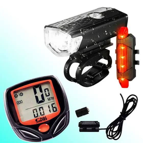 Velocímetro Com Fio + Farol Bike Luz Ciclismo 300 Lumens + Sinalizador Traseiro