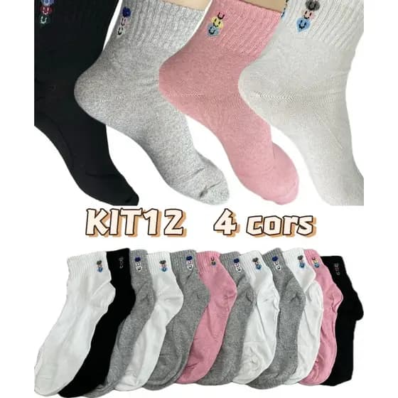 Kit 12-24 Pares Meias 4CORS Cano Médio Alto MEIA ESPORTIVA INVISÍVEL SORTIDO Meia masculinofemininas infantis CALCADOS
