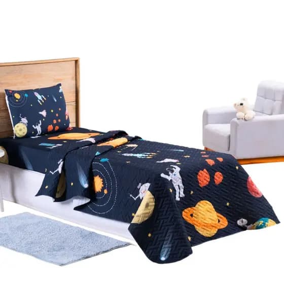 Colcha Cobre Leito Jogo Roupa Cama Solteiro 2 Pçs Matelado Simples Quarto Menino Astronauta Marinho