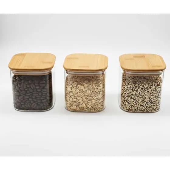 Kit com 3 Potes Herméticos em Vidro E Bambu Quadrado 750ml Conjunto com 3 potes herméticos