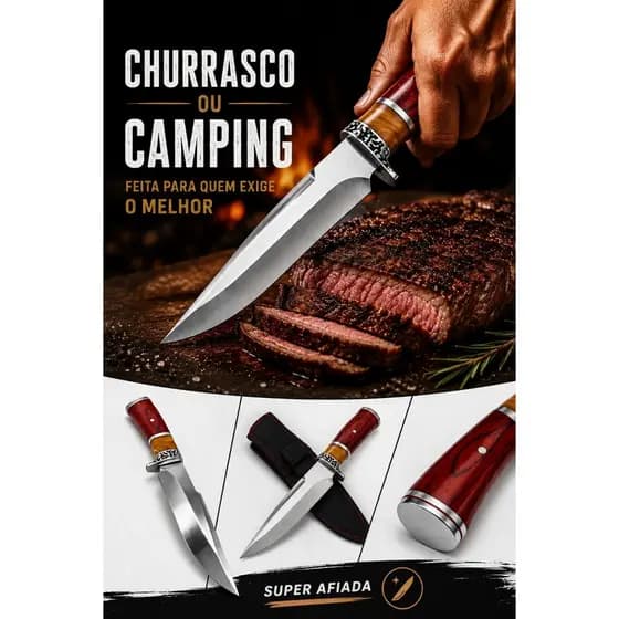 Faca Camping Sobrevivência Aço Inox Com Bainha Cabo Madeira Pesca Trilha