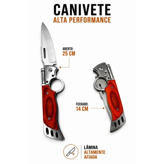 Canivete De Bolso Dobrável Aço Inox Cabo Madeira Com Bainha 25cm