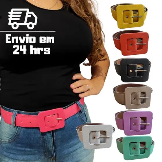 Cinto Feminino Fivela Quadrada Coro Sintetico Colorido 3cm Largura Moda Blogueira Tendencia Varias Barato