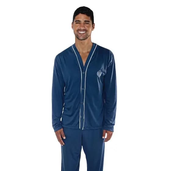 Pijama Longo Adulto Masculino Aberto Botões Manga Comprida Calça Pós Operatório Hospital 040LA
