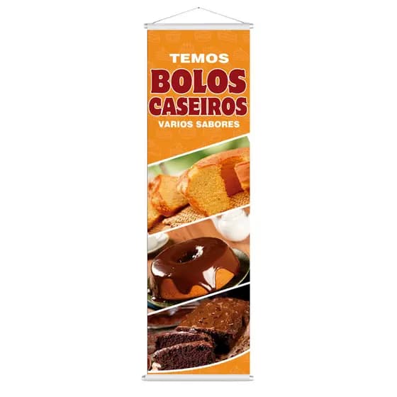 Banner Lona "Temos Bolos Caseiros" 100x30cm Acabamento em Madeirinha