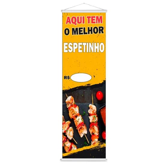 Banner Lona "Temos Espetinhos" 100x30cm com Acabamento em Madeirinha