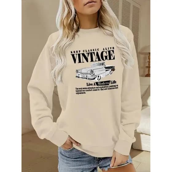 Moletom Feminino Vintage Blusa de Frio Casaco Grosso Sem Capuz Flanelado Estampado Lançamento