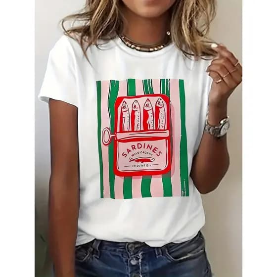 Camiseta Feminina T-shirt Retrô Sardinha – Blusa Estampada Casual Gola Redonda Verão