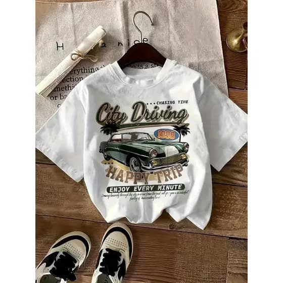 Camiseta Feminina T-shirt Estampada Letras de Carro – Blusa Casual Gola Redonda Manga Curta