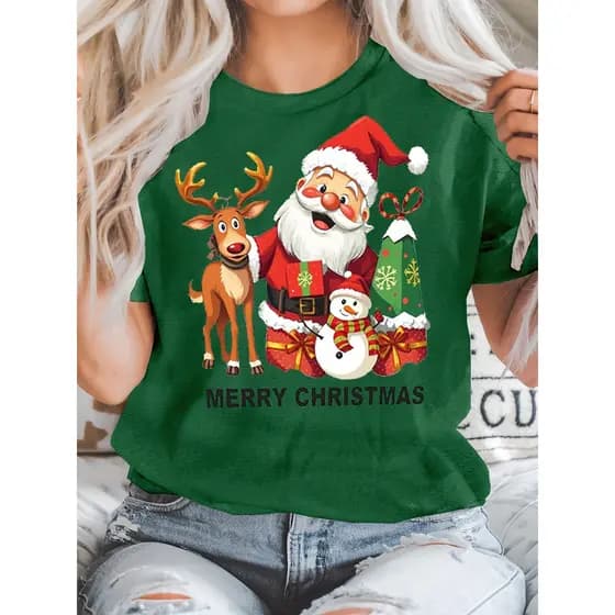 Camiseta Casual Feminina de Manga Curta Estampa Natal com Papai Noel e Rena Envio Imediato