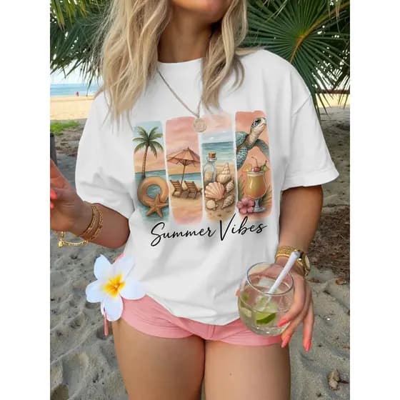 Camiseta Feminina Praia Tropical - Degradê Rosa Pêssego Estampa Palmeira Coquetel Verão Leve