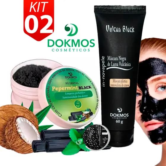 Kit Pó Dental Clareador Natural Carvão Ativado Óleo Menta E Coco + Máscara Removedora De Cravos Vulcan Black