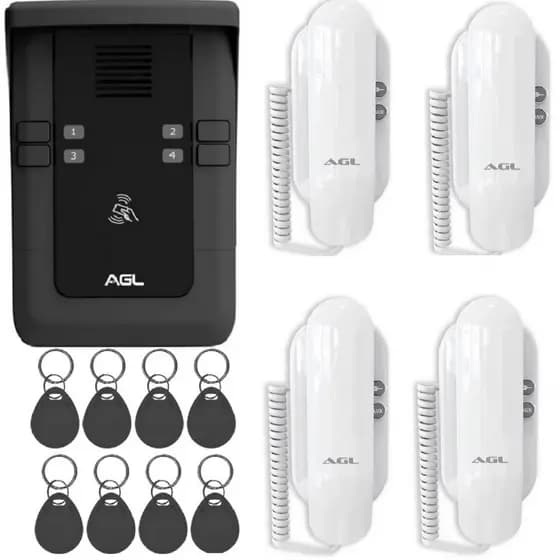 Kit porteiro coletivo S500 4 pontos com 4 interfones S100 e 8 Tags AGL