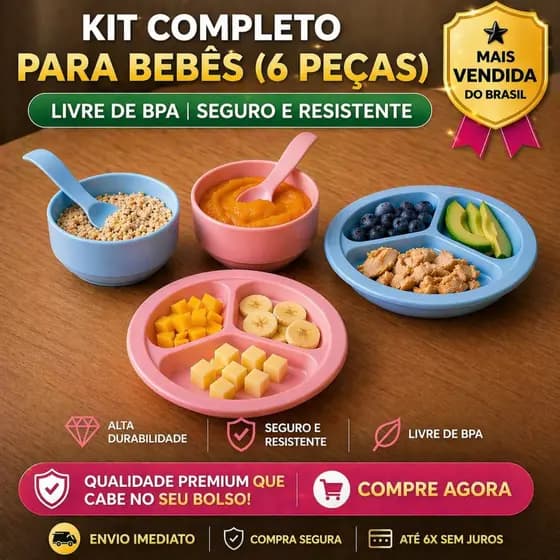 Kit Alimentação Bebê Pratinhos + Potinhos + Talher Infantis 6 Peças