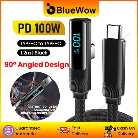 Cabo De Dados De Cotovelo Tipo C BlueWow 100W Com USB Digital Para Fios De Carregamento Rápido 1.2M