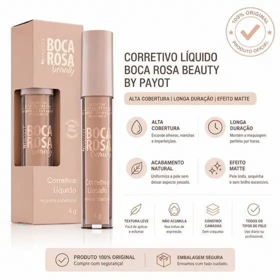 Corretivo Líquido Boca Rosa Beauty by Payot Original, Alta Cobertura | Longa Duração | Efeito Matte