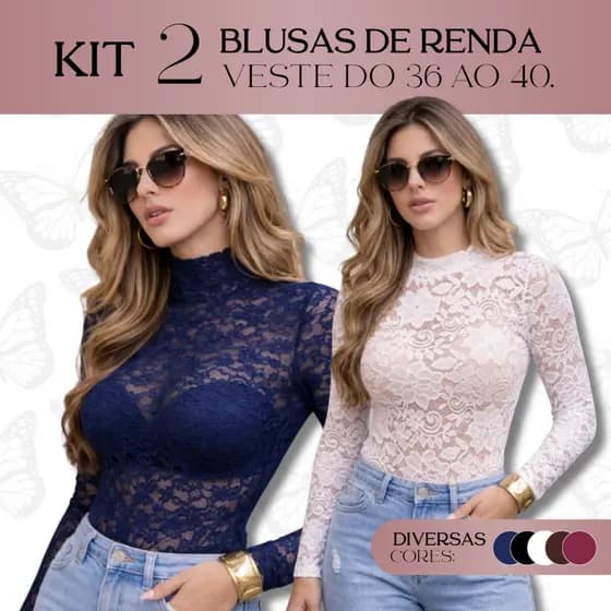 Kit 2 Blusa de Renda Feminina Manga Longa Transparente | Diversas Cores