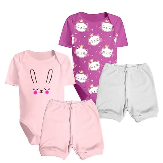 Kit Roupa de Bebê Algodão 2 Body Manga Curta e 2 Shorts Liso